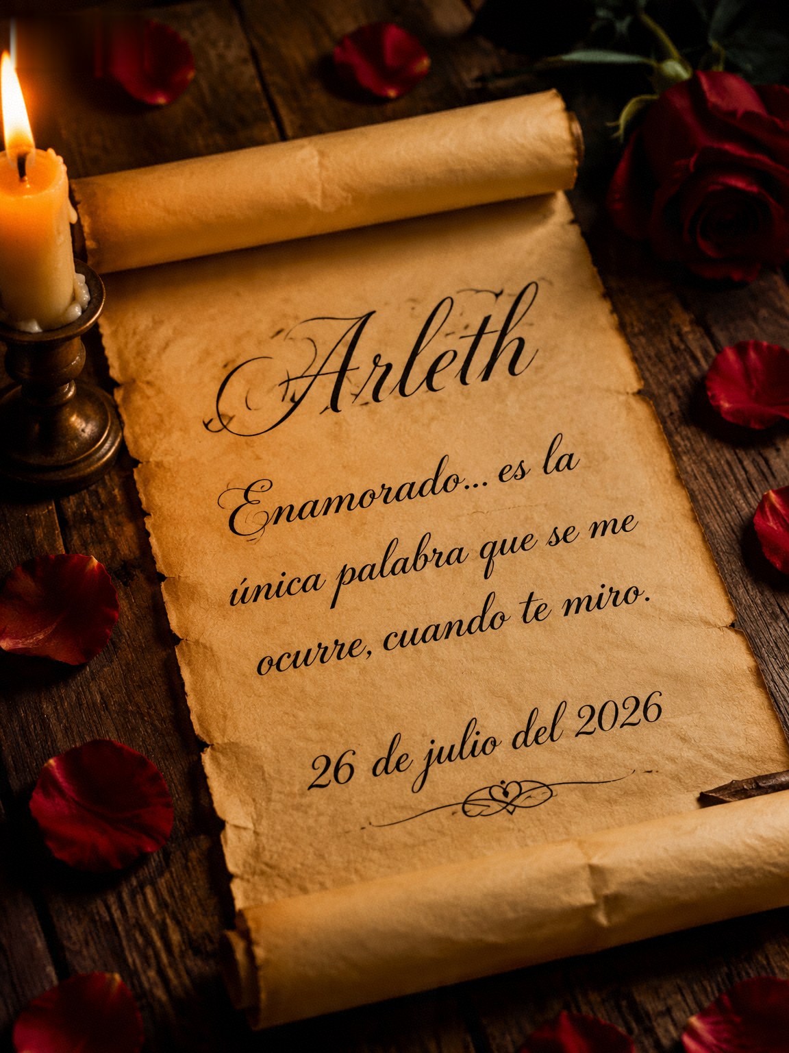 Pergamino antiguo con rosas rojas, una vela encendida y un poema de amor dedicado a Arleth